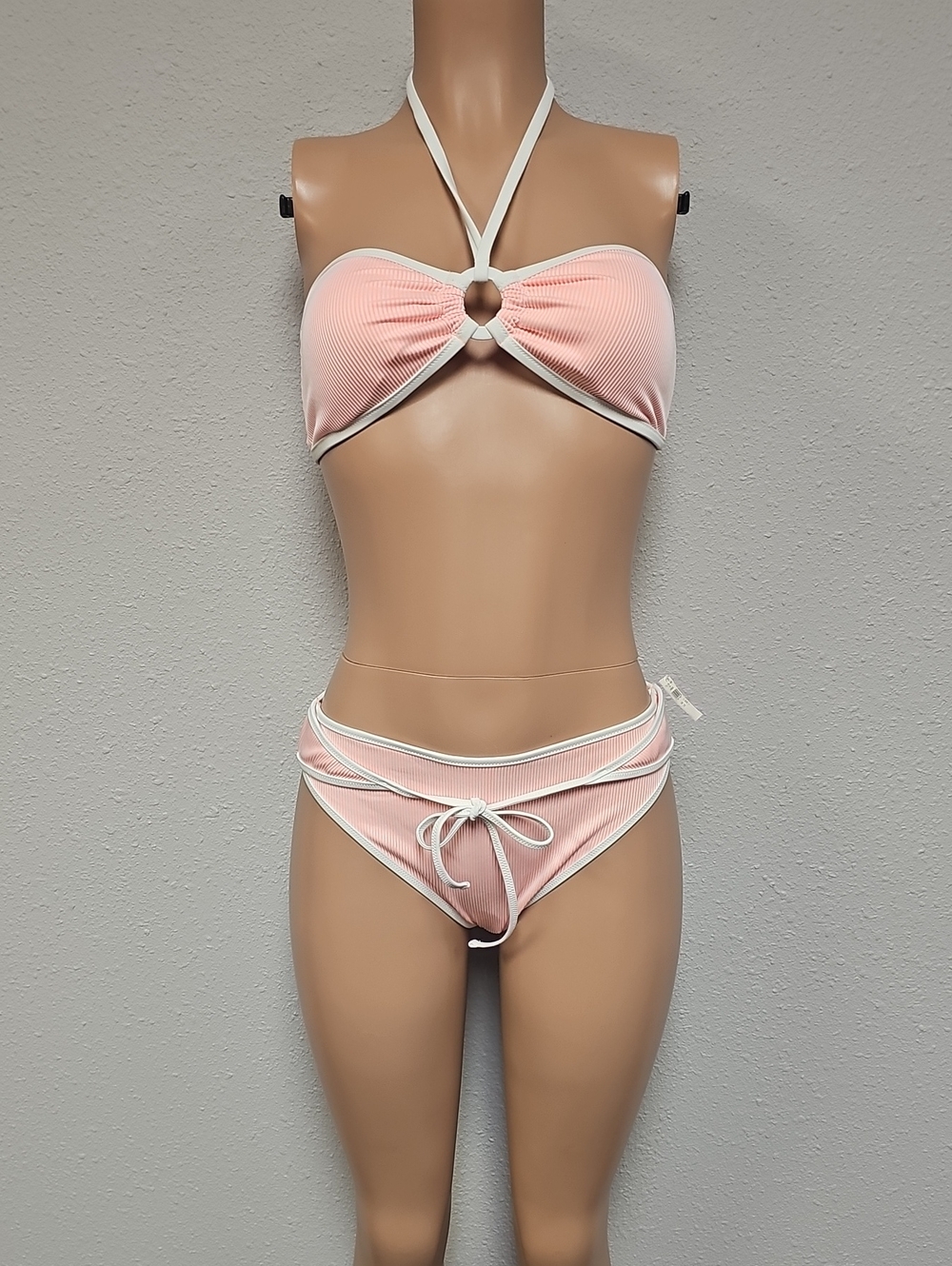 aerie Light Pink Ribbed Halter Bikini with White Trim